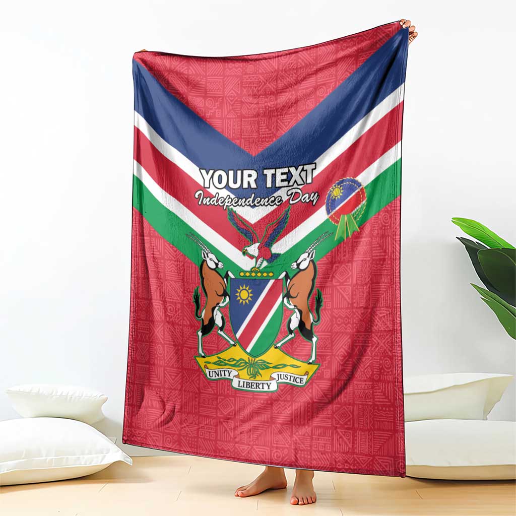 Personalized Namibia Independence Day blanket, red with Namibia flag and coat of arms center