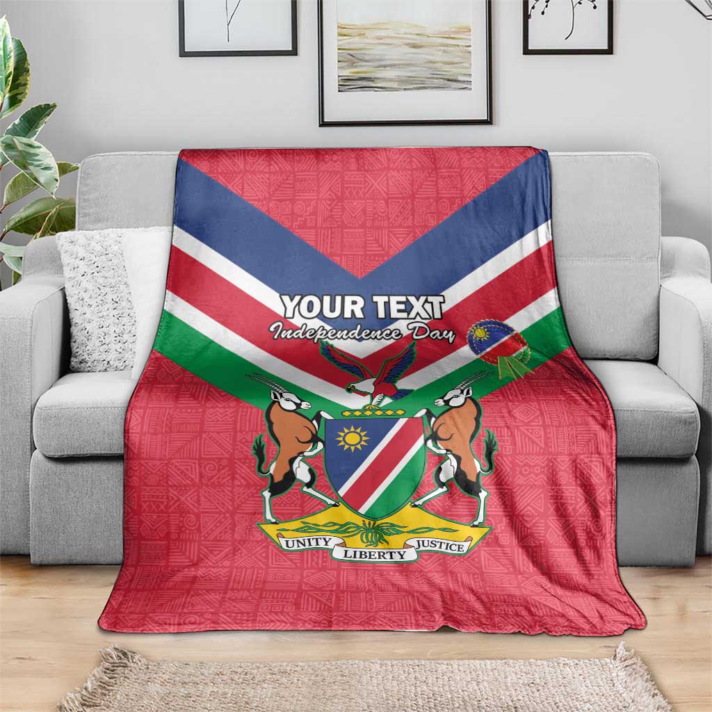 Personalized Namibia Independence Day blanket, red with Namibia flag stripes and coat of arms