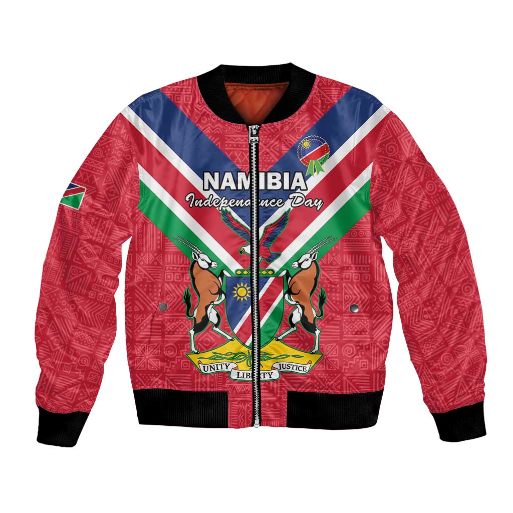 Red unisex bomber jacket with Namibia flag stripes and coat of arms graphic