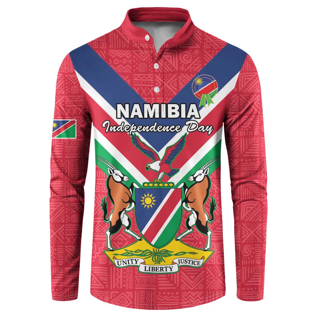 Red button-front sweatshirt with Namibia Independence Day crest and flag graphic on chest