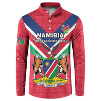 Red button-front sweatshirt with Namibia Independence Day crest and flag graphic on chest