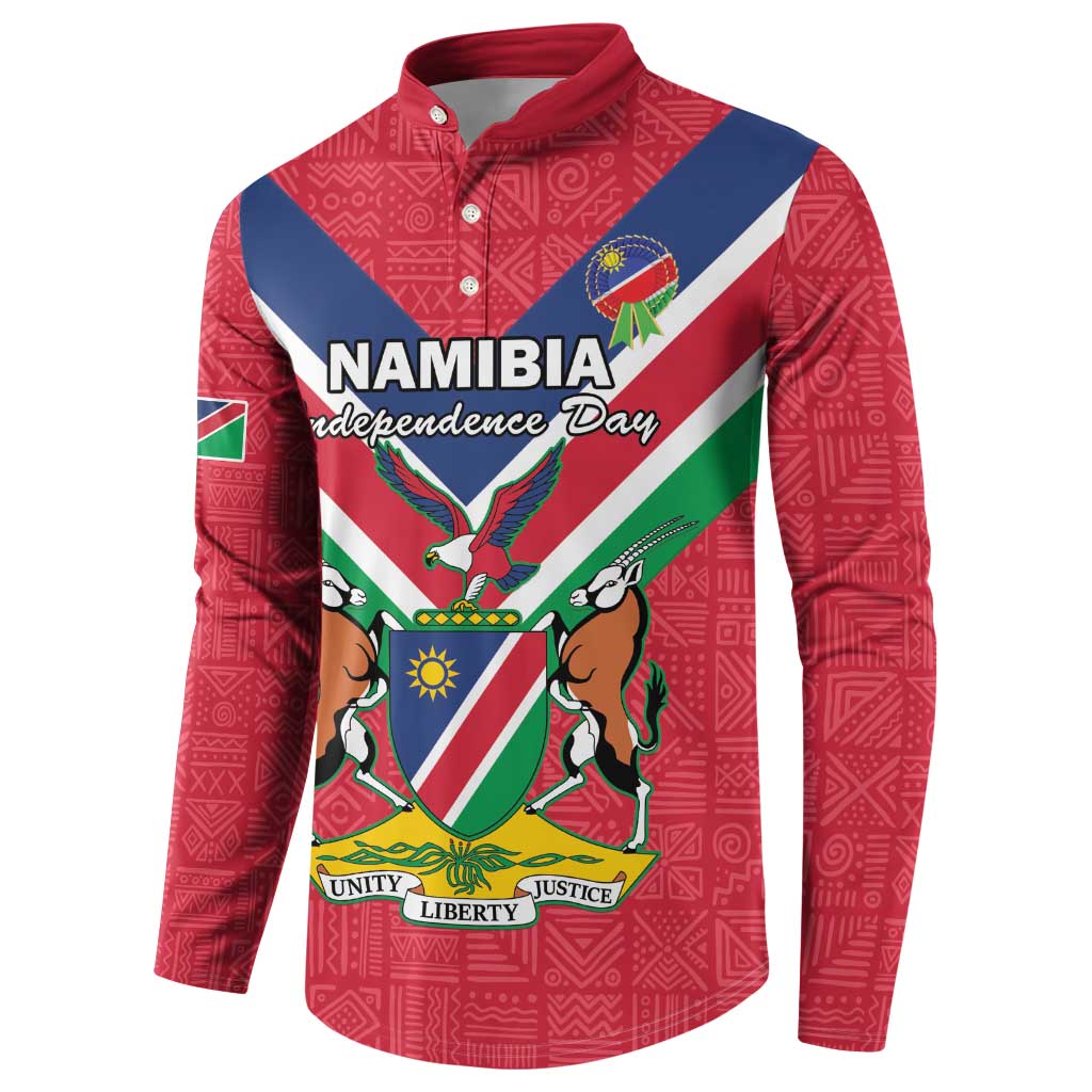 Red button-front sweatshirt with Namibia Independence Day text and crest flag graphic