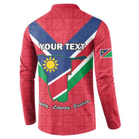 Red back button sweatshirt showing Your Text over Namibia flag-map design and crest