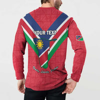 Red back button sweatshirt with Your Text, Namibia flag map, and small flag sleeve patch