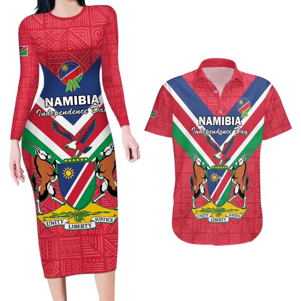 Personalised Namibia Independence Day Couples Matching Long Sleeve Bodycon Dress and Hawaiian Shirt Coat Of Arms With Flag Map - Wonder Print Shop