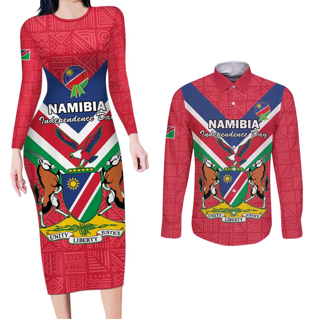 Personalised Namibia Independence Day Couples Matching Long Sleeve Bodycon Dress and Long Sleeve Button Shirt Coat Of Arms With Flag Map - Wonder Print Shop