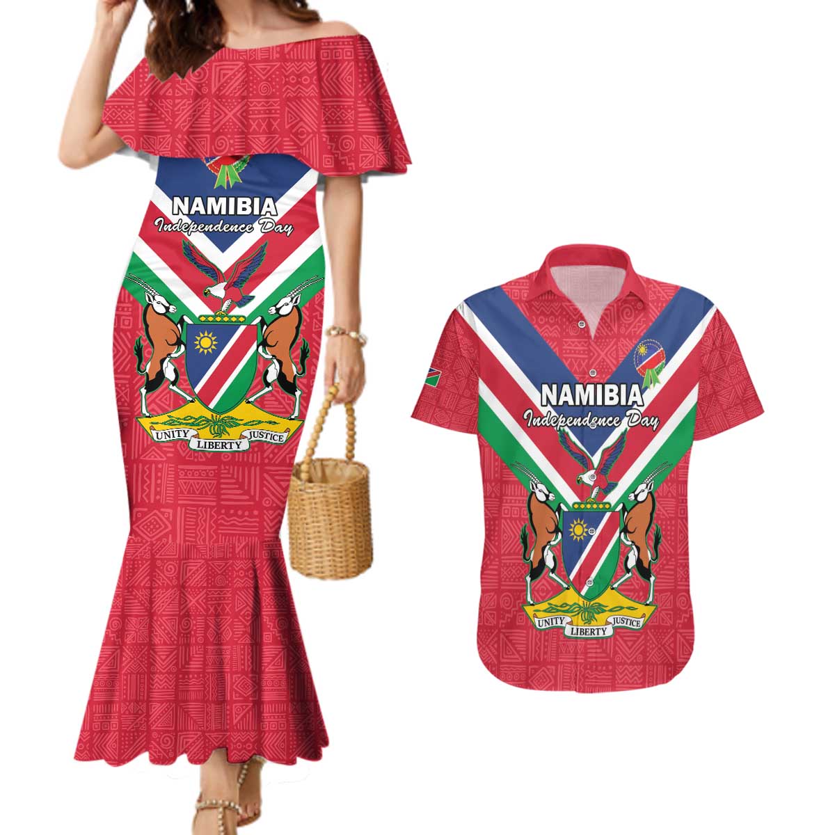 Personalised Namibia Independence Day Couples Matching Mermaid Dress and Hawaiian Shirt Coat Of Arms With Flag Map - Wonder Print Shop