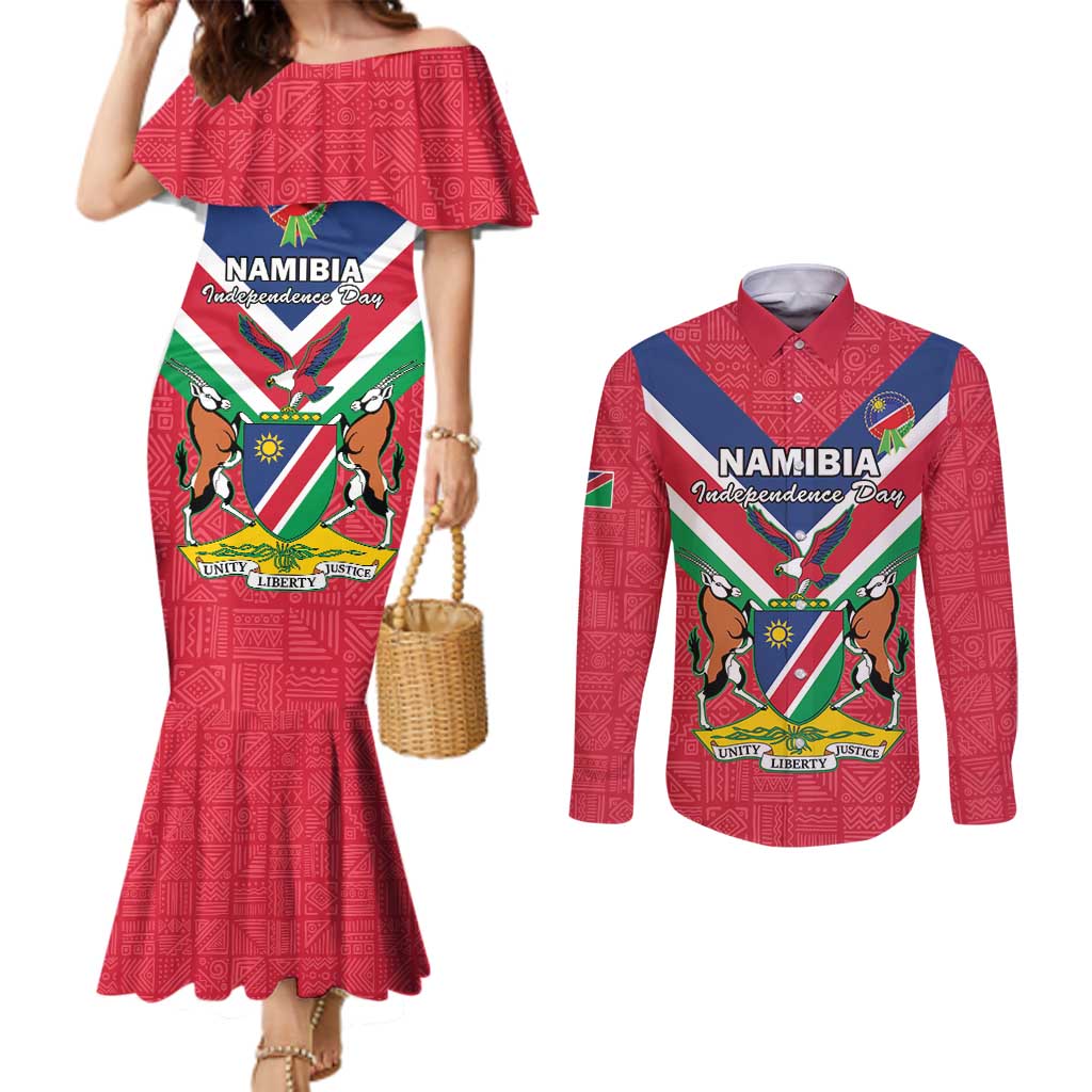 Personalised Namibia Independence Day Couples Matching Mermaid Dress and Long Sleeve Button Shirt Coat Of Arms With Flag Map