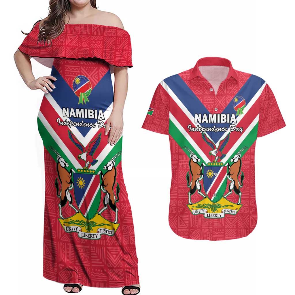 Personalised Namibia Independence Day Couples Matching Off Shoulder Maxi Dress and Hawaiian Shirt Coat Of Arms With Flag Map - Wonder Print Shop