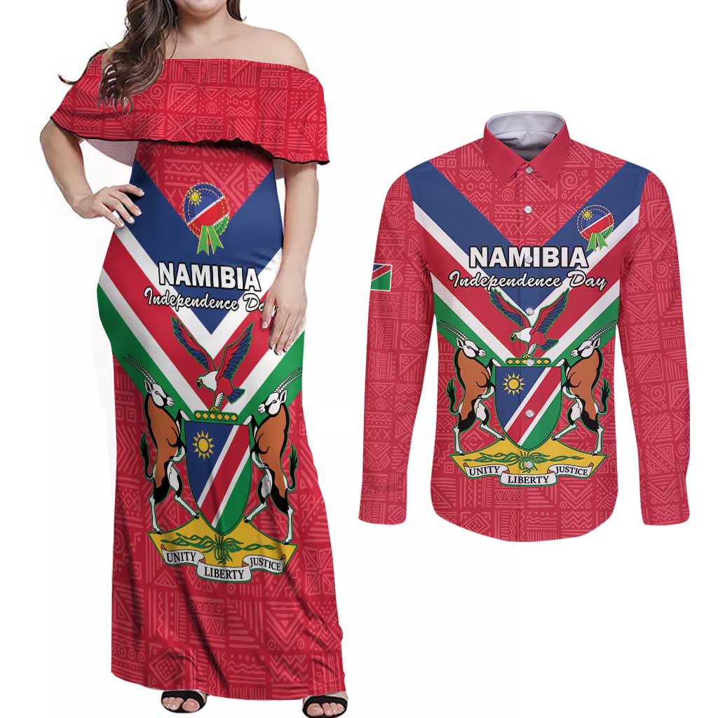 Personalised Namibia Independence Day Couples Matching Off Shoulder Maxi Dress and Long Sleeve Button Shirt Coat Of Arms With Flag Map - Wonder Print Shop