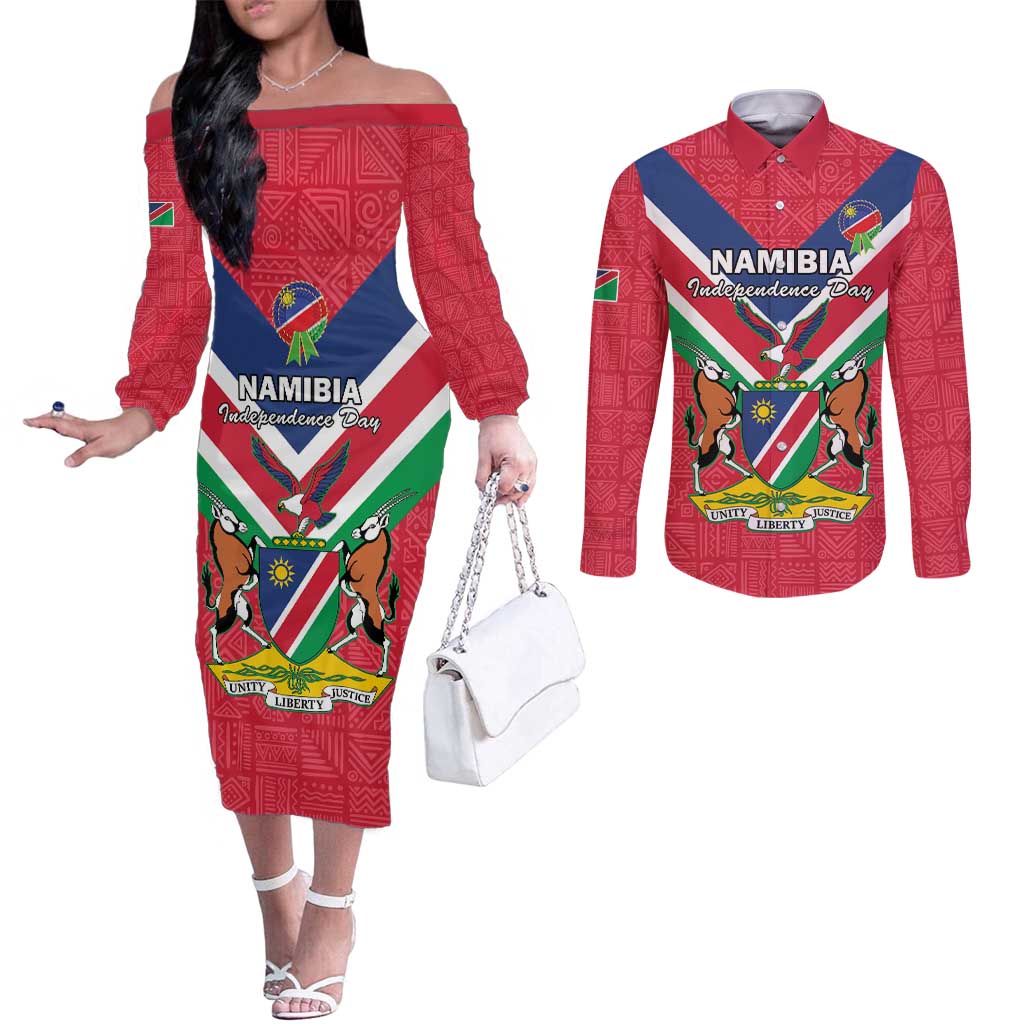 Personalised Namibia Independence Day Couples Matching Off The Shoulder Long Sleeve Dress and Long Sleeve Button Shirt Coat Of Arms With Flag Map