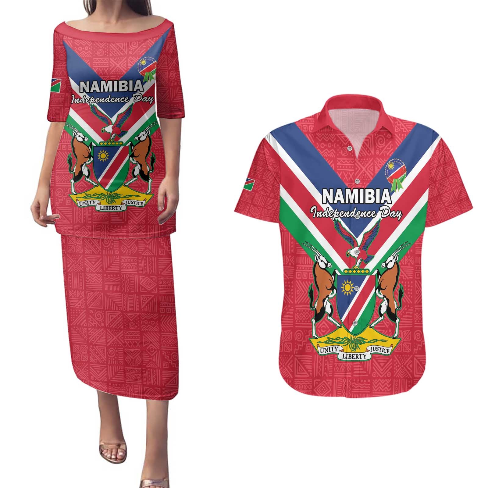 Personalised Namibia Independence Day Couples Matching Puletasi and Hawaiian Shirt Coat Of Arms With Flag Map - Wonder Print Shop