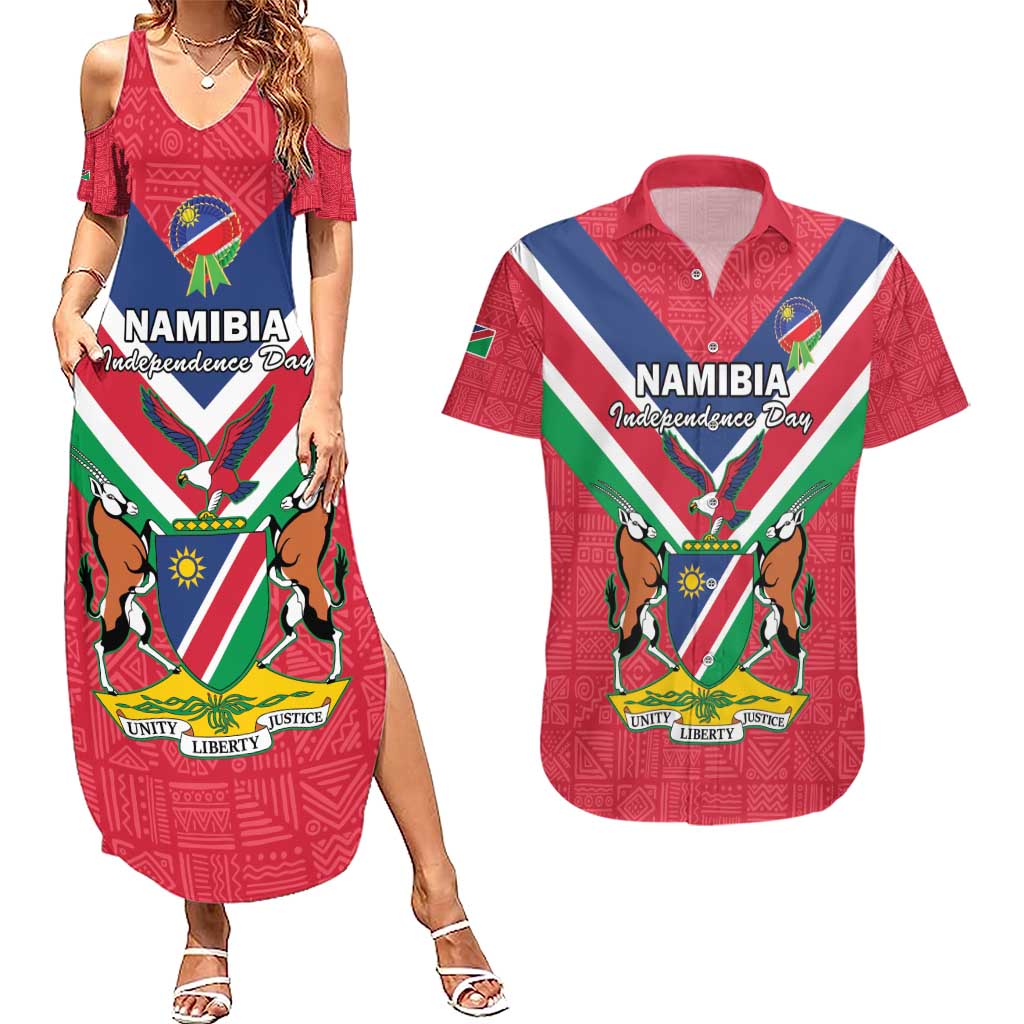 Personalised Namibia Independence Day Couples Matching Summer Maxi Dress and Hawaiian Shirt Coat Of Arms With Flag Map - Wonder Print Shop