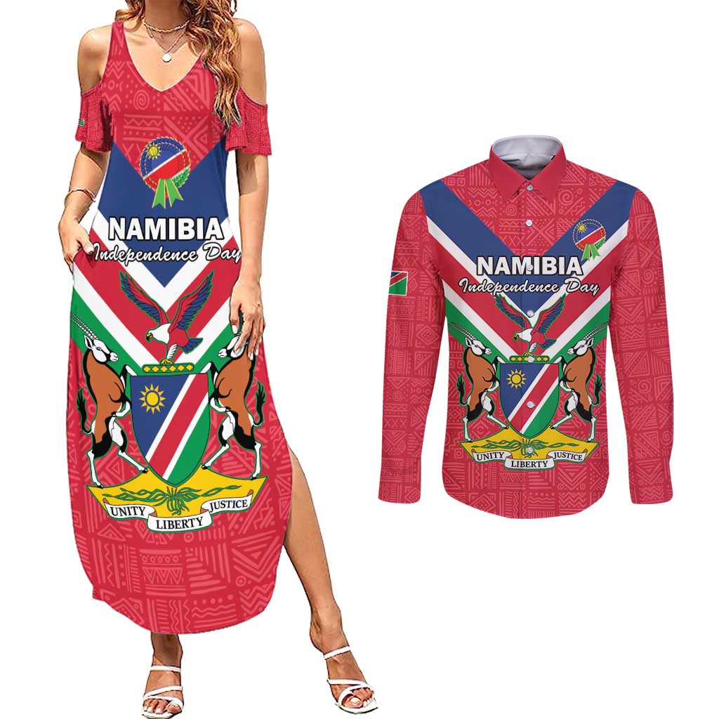 Personalised Namibia Independence Day Couples Matching Summer Maxi Dress and Long Sleeve Button Shirt Coat Of Arms With Flag Map - Wonder Print Shop