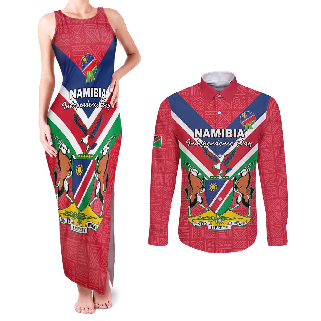 Personalised Namibia Independence Day Couples Matching Tank Maxi Dress and Long Sleeve Button Shirt Coat Of Arms With Flag Map - Wonder Print Shop