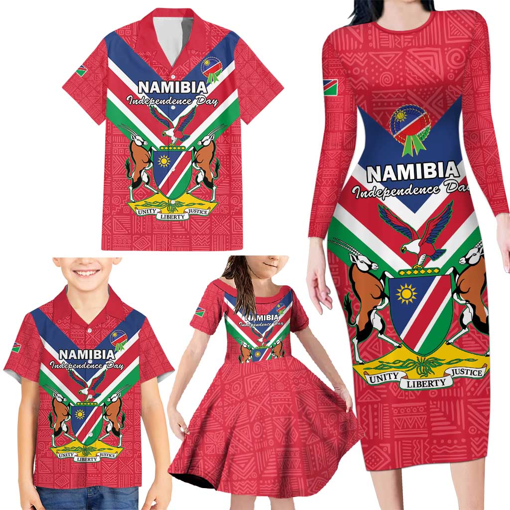 Personalised Namibia Independence Day Family Matching Long Sleeve Bodycon Dress and Hawaiian Shirt Coat Of Arms With Flag Map - Wonder Print Shop