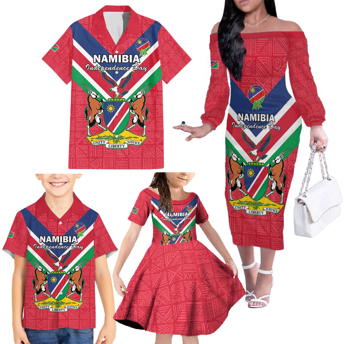 Personalised Namibia Independence Day Family Matching Off The Shoulder Long Sleeve Dress and Hawaiian Shirt Coat Of Arms With Flag Map - Wonder Print Shop