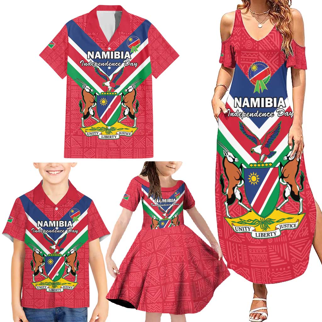 Personalised Namibia Independence Day Family Matching Summer Maxi Dress and Hawaiian Shirt Coat Of Arms With Flag Map - Wonder Print Shop