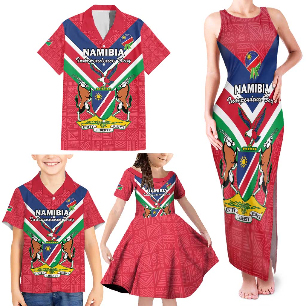 Personalised Namibia Independence Day Family Matching Tank Maxi Dress and Hawaiian Shirt Coat Of Arms With Flag Map - Wonder Print Shop