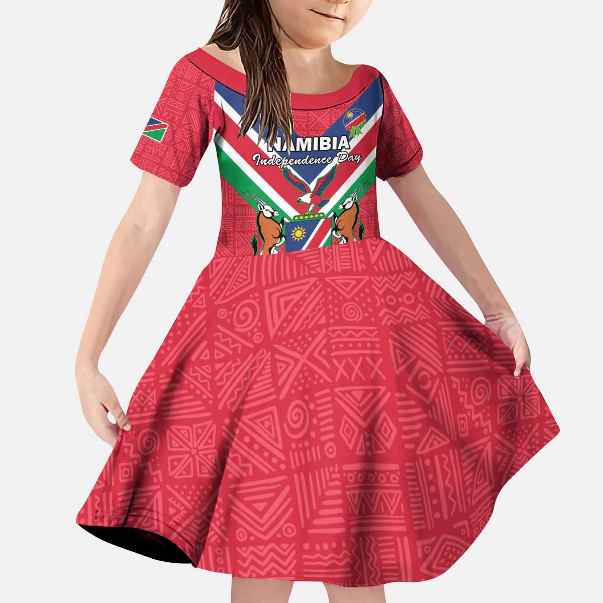 Personalised Namibia Independence Day Kid Short Sleeve Dress Coat Of Arms With Flag Map - Wonder Print Shop