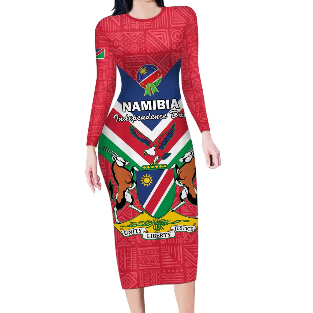 Personalised Namibia Independence Day Long Sleeve Bodycon Dress Coat Of Arms With Flag Map - Wonder Print Shop