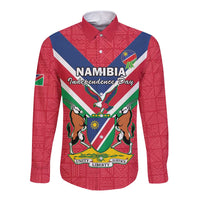 Red long-sleeve button shirt with Namibia Independence Day front graphic and coat of arms