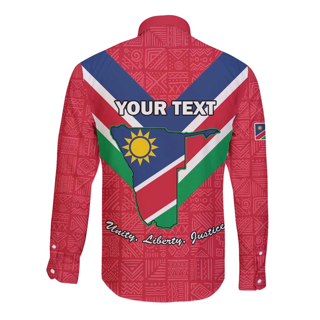 Red long-sleeve button shirt back with Namibia map flag and custom text graphic