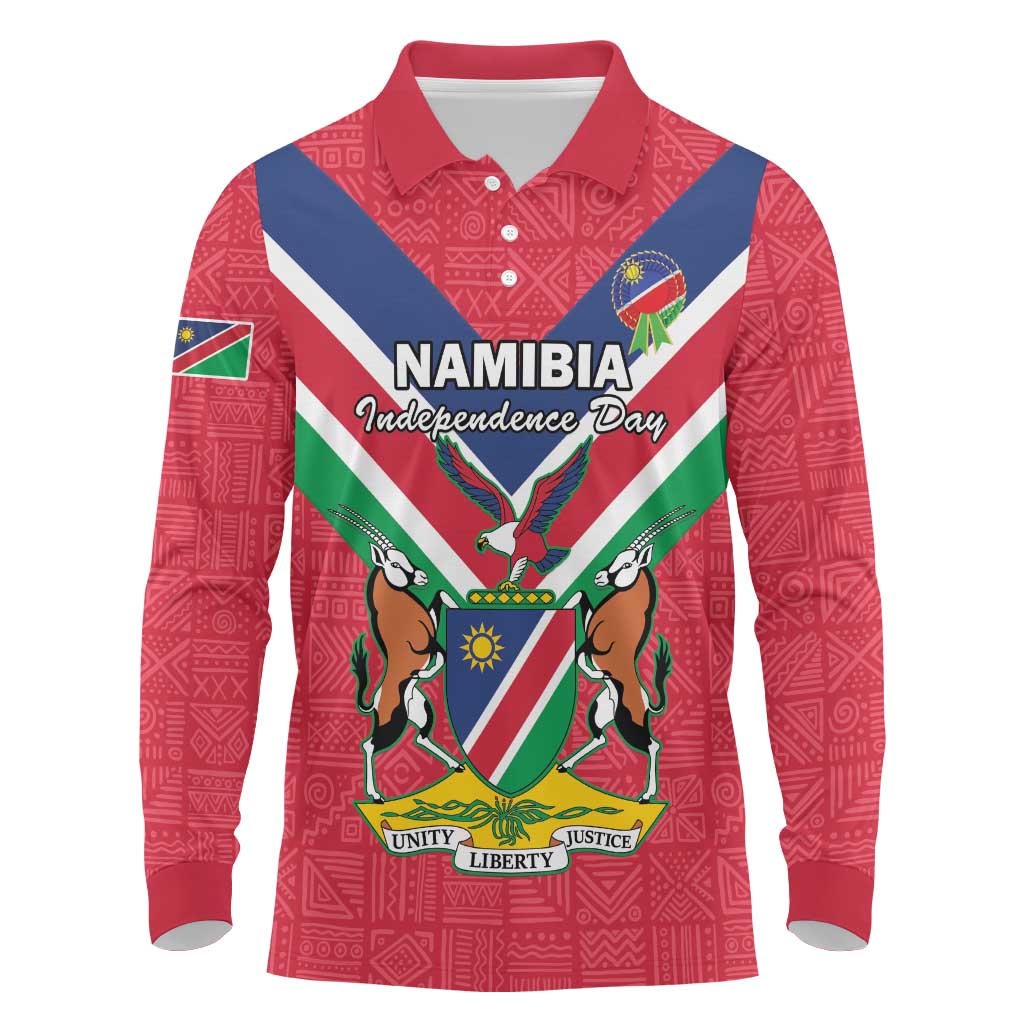 Personalised Namibia Independence Day Long Sleeve Polo Shirt Coat Of Arms With Flag Map - Wonder Print Shop