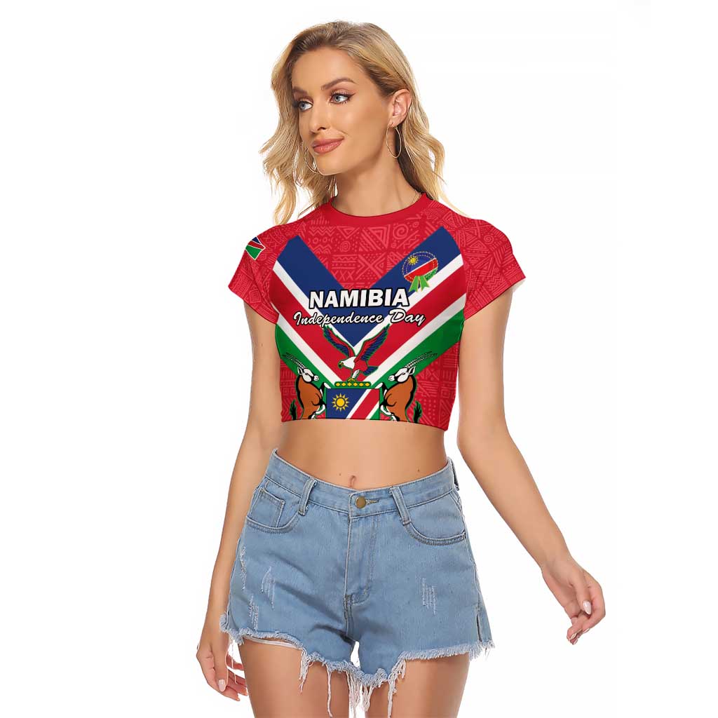 Personalised Namibia Independence Day Raglan Cropped T Shirt Coat Of Arms With Flag Map - Wonder Print Shop