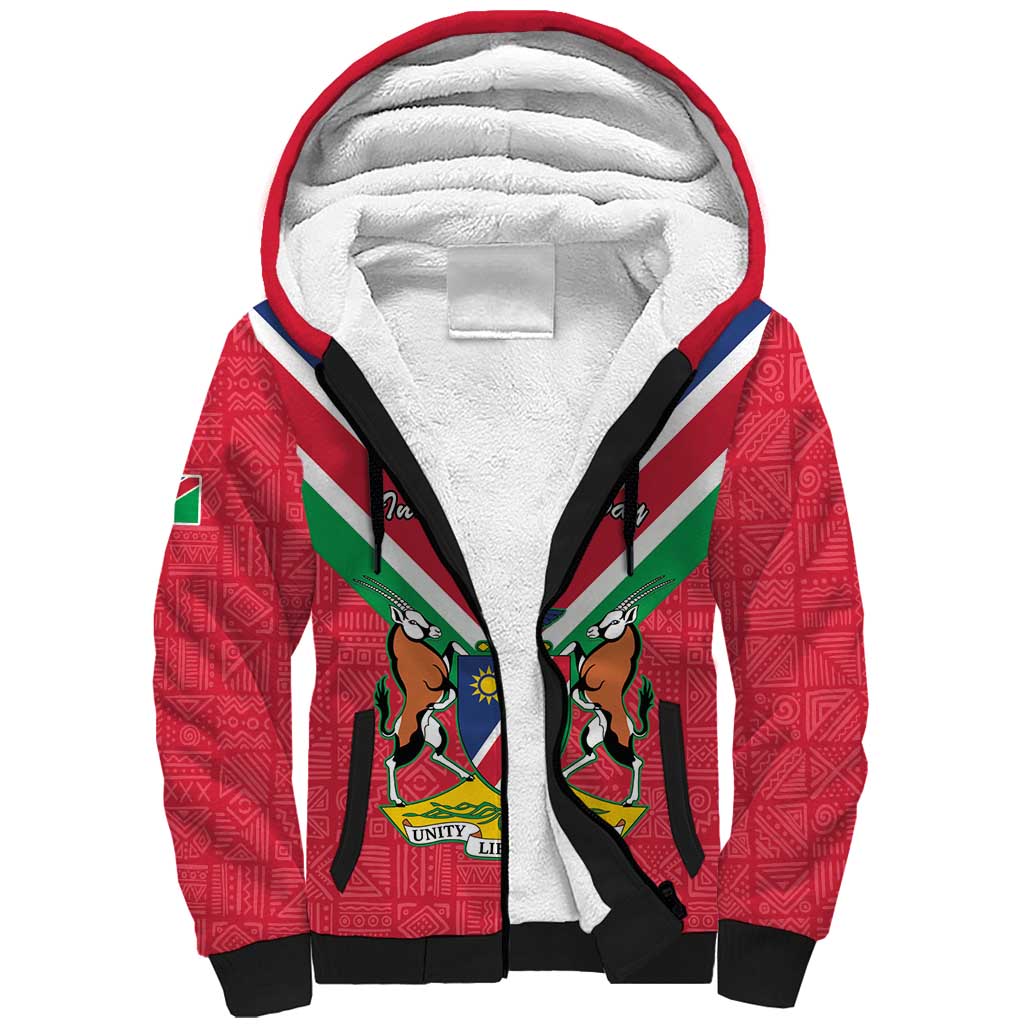 Personalised Namibia Independence Day Sherpa Hoodie Coat Of Arms With Flag Map - Wonder Print Shop