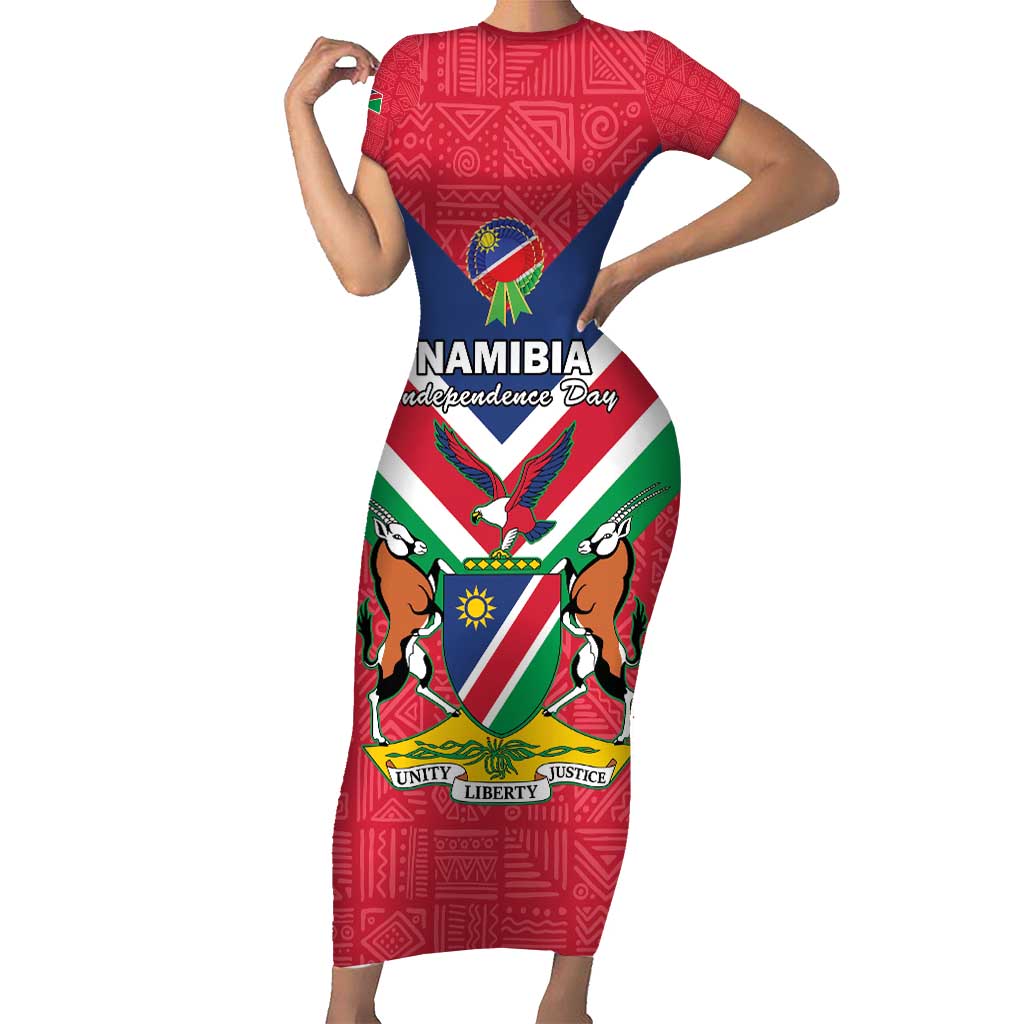 Personalised Namibia Independence Day Short Sleeve Bodycon Dress Coat Of Arms With Flag Map