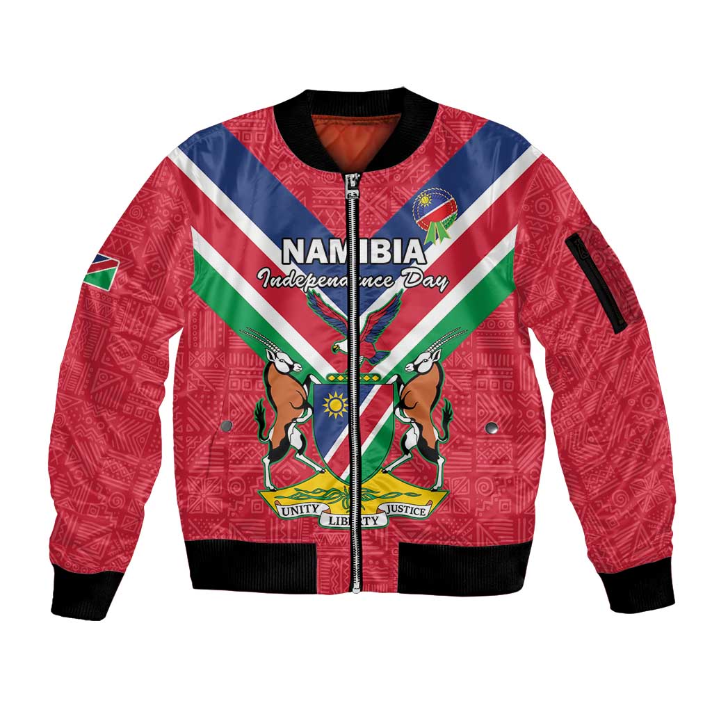 Personalised Namibia Independence Day Sleeve Zip Bomber Jacket Coat Of Arms With Flag Map