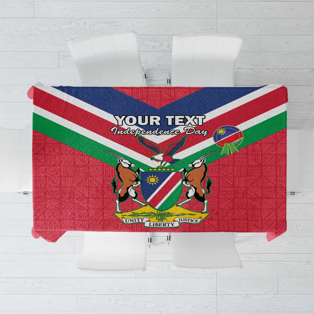 Red Namibia independence tablecloth with coat of arms, flag, and green diagonal stripe