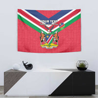 Red tapestry wall hanging featuring Namibia flag stripes, coat of arms crest and custom text