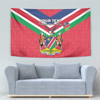Red Namibia flag tapestry with coat of arms emblem, flag map circle and custom text