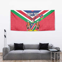 Red tapestry wall hanging with Namibia flag, coat of arms and custom text centered