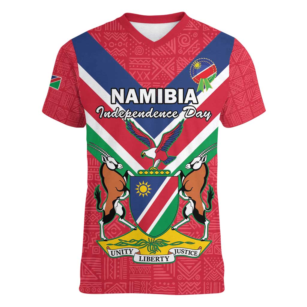 Personalised Namibia Independence Day Women V-Neck T-Shirt Coat Of Arms With Flag Map - Wonder Print Shop