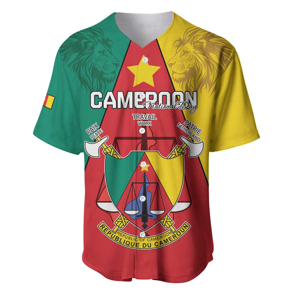 Personalised Cameroon National Day Baseball Jersey Coat Of Arms With Lion