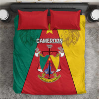 Cameroon bedding set with lion coat-of-arms in green, red, and yellow; two red pillowcases
