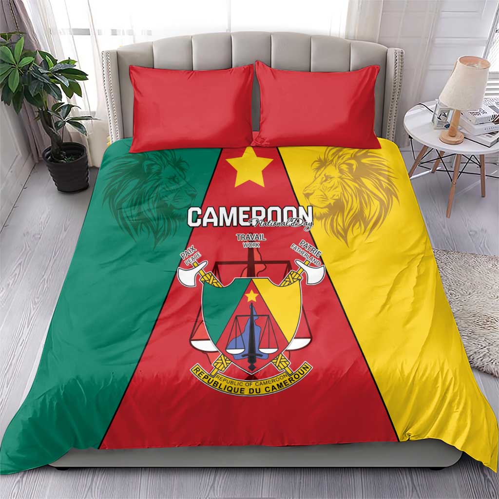 Cameroon bedding set with lion coat-of-arms center; tricolor duvet with red, green, and yellow