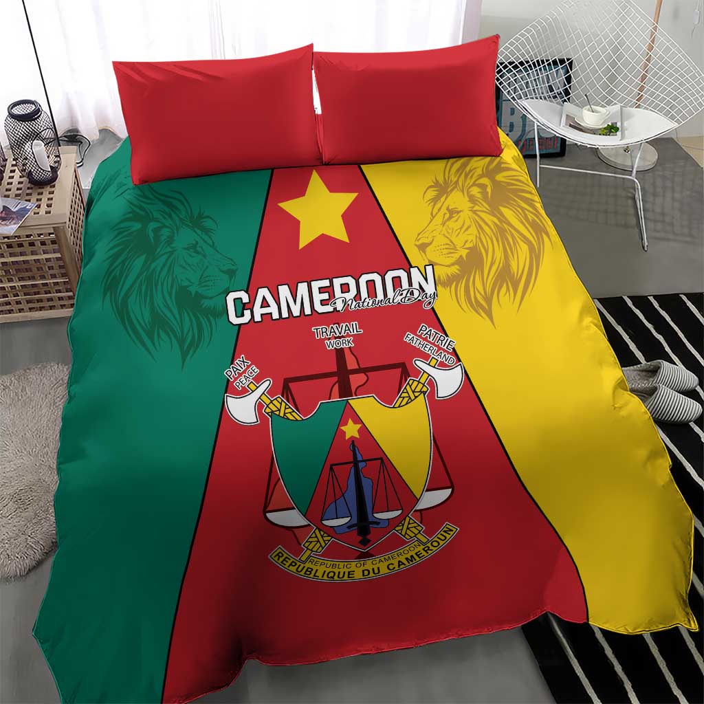 Cameroon bedding set with lion coat-of-arms; red pillows and green-yellow-red tricolor duvet