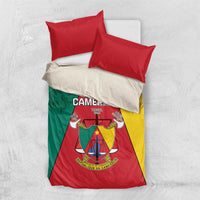 Cameroon bedding set with lion crest duvet; red pillowcases and green-red-yellow tricolor