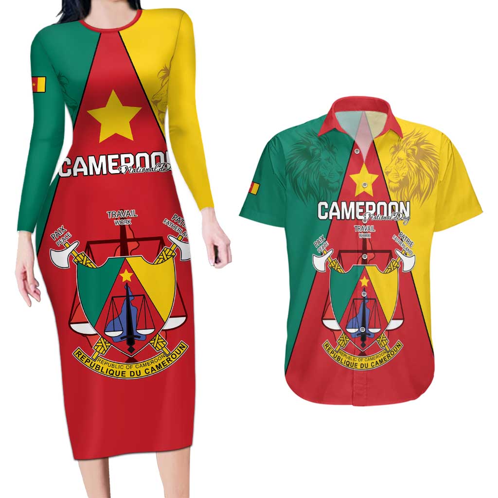 Personalised Cameroon National Day Couples Matching Long Sleeve Bodycon Dress and Hawaiian Shirt Coat Of Arms With Lion