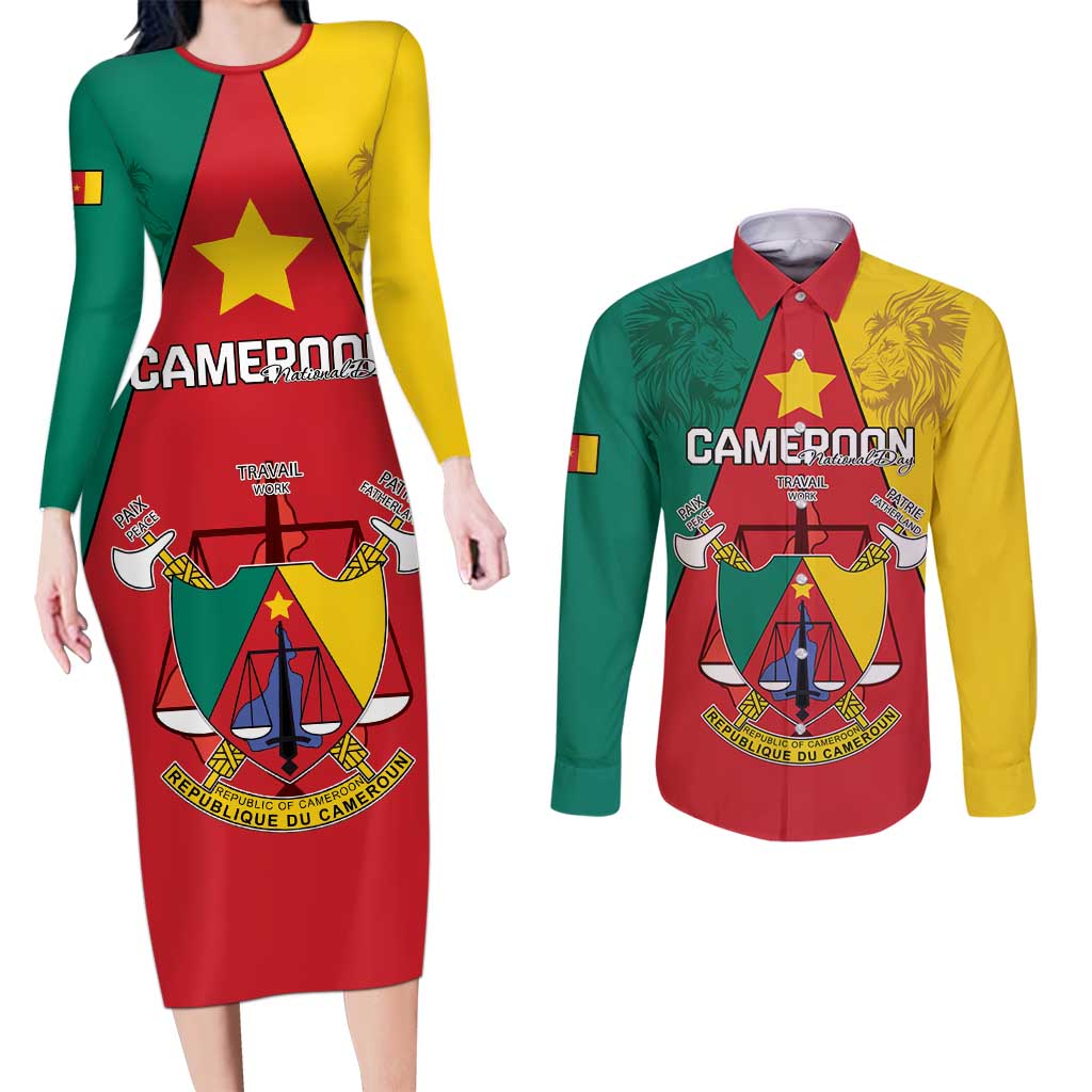 Personalised Cameroon National Day Couples Matching Long Sleeve Bodycon Dress and Long Sleeve Button Shirt Coat Of Arms With Lion