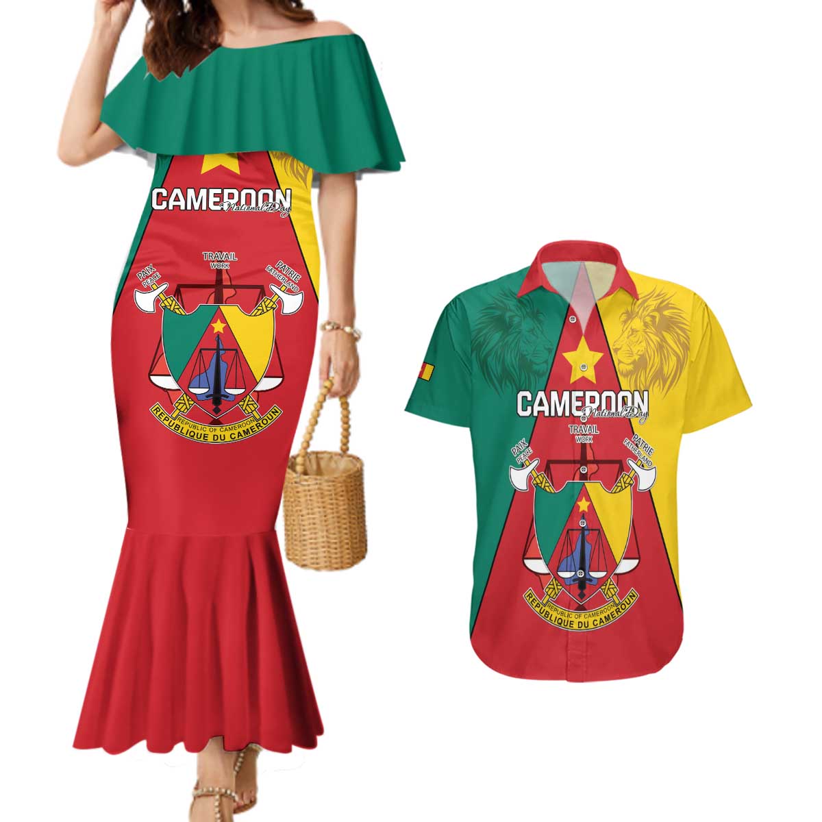 Personalised Cameroon National Day Couples Matching Mermaid Dress and Hawaiian Shirt Coat Of Arms With Lion