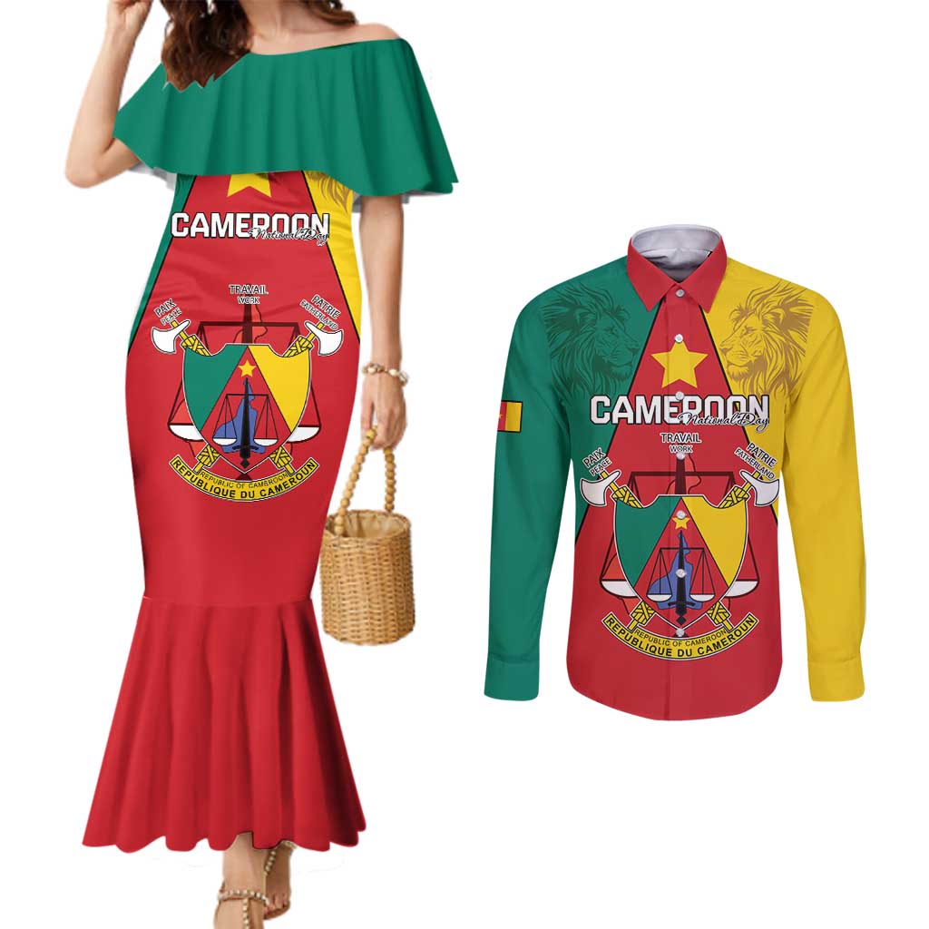 Personalised Cameroon National Day Couples Matching Mermaid Dress and Long Sleeve Button Shirt Coat Of Arms With Lion