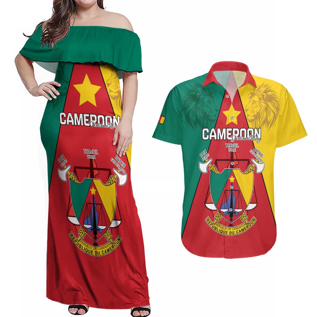 Personalised Cameroon National Day Couples Matching Off Shoulder Maxi Dress and Hawaiian Shirt Coat Of Arms With Lion