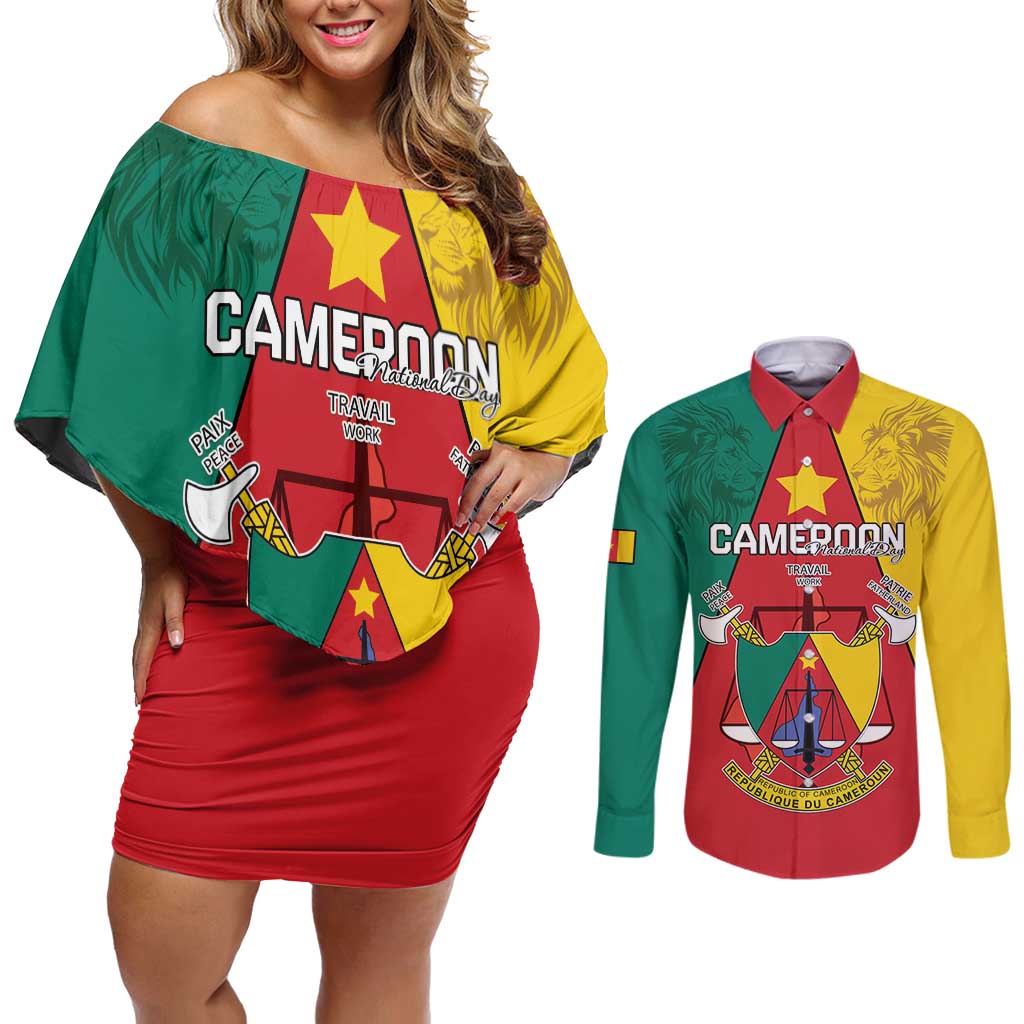 Personalised Cameroon National Day Couples Matching Off Shoulder Short Dress and Long Sleeve Button Shirt Coat Of Arms With Lion