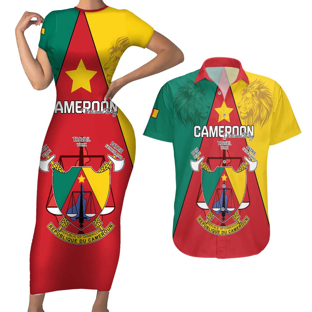 Personalised Cameroon National Day Couples Matching Short Sleeve Bodycon Dress and Hawaiian Shirt Coat Of Arms With Lion