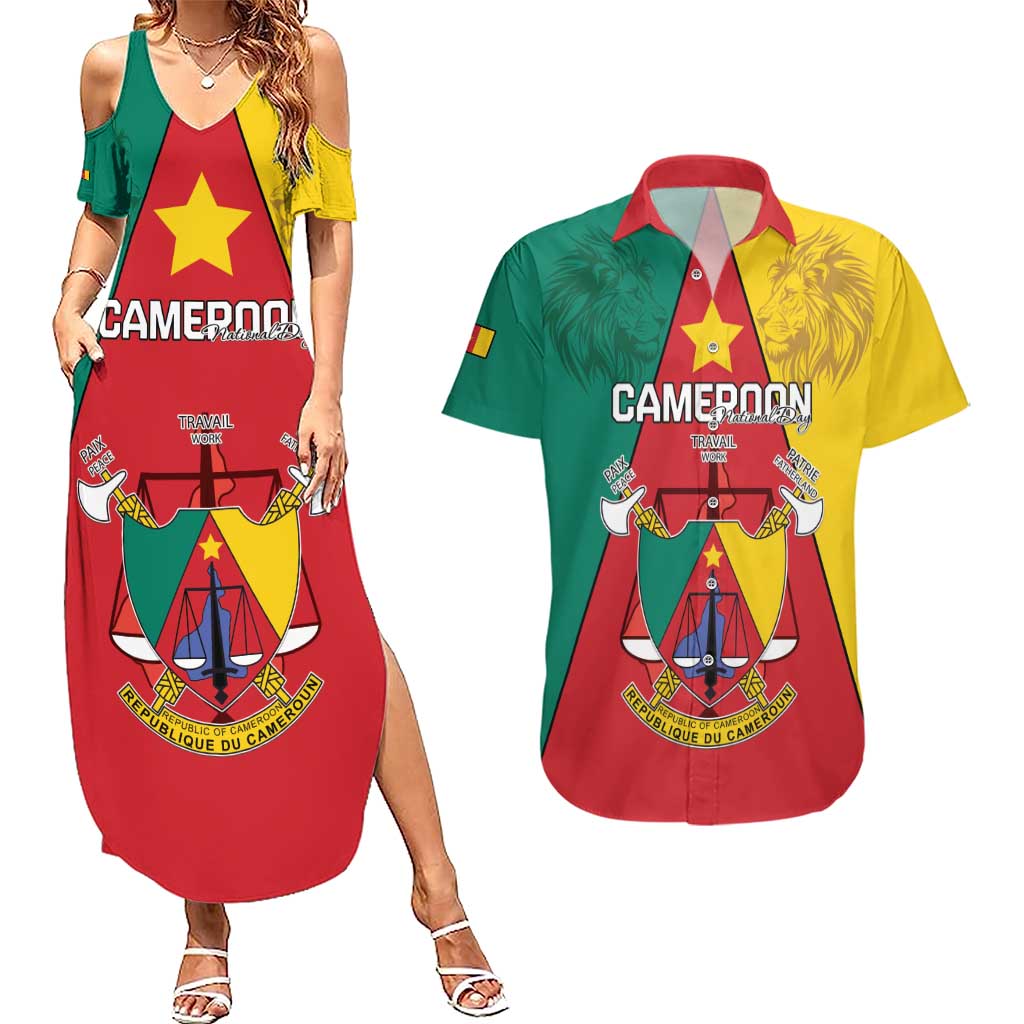 Personalised Cameroon National Day Couples Matching Summer Maxi Dress and Hawaiian Shirt Coat Of Arms With Lion